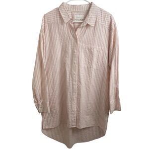 Anthropologie Oversized Striped Button Down Shirt Blouse Pink‎ White Viscose M